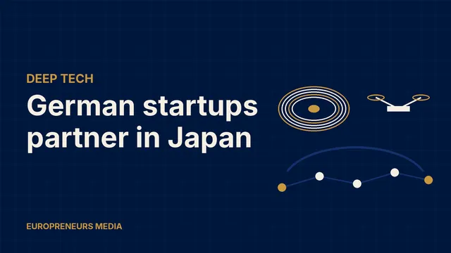 Abstract Europreneurs Media graphic: nested rings suggesting a fusion device, a generic drone outline and a bridge of connected nodes, symbolising German deep tech companies partnering in Japan