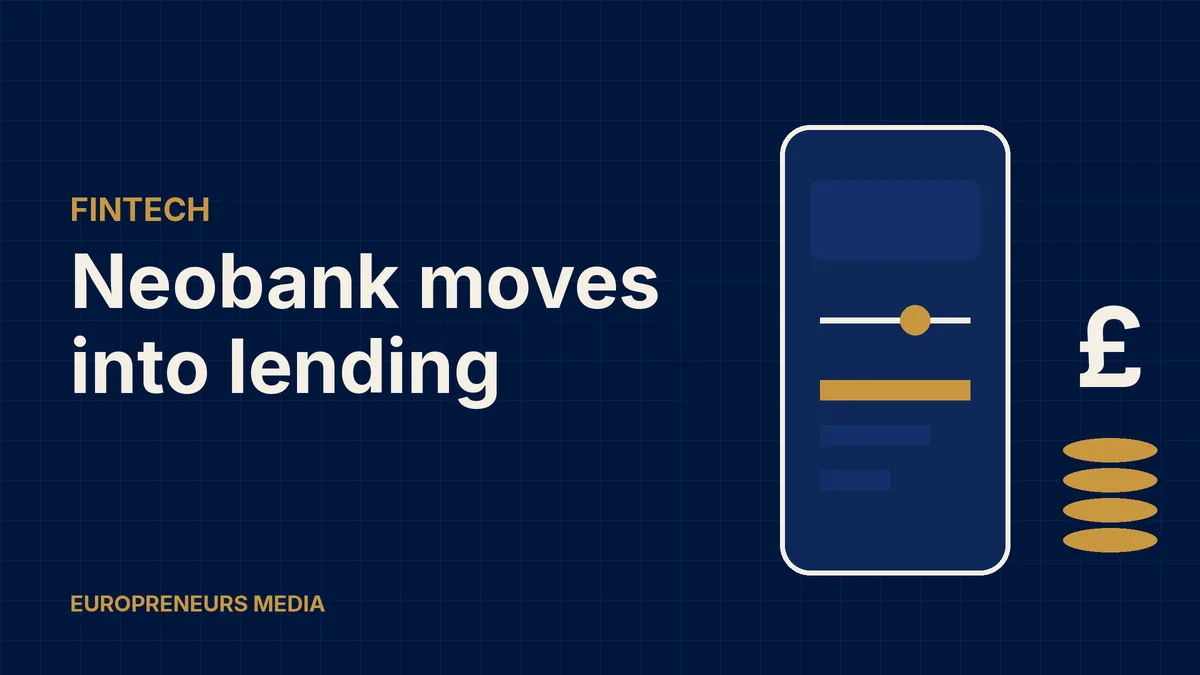 Abstract Europreneurs Media graphic: a stylised phone screen with a loan amount slider beside a stack of gold coins and a pound sign, symbolising a digital bank offering personal loans