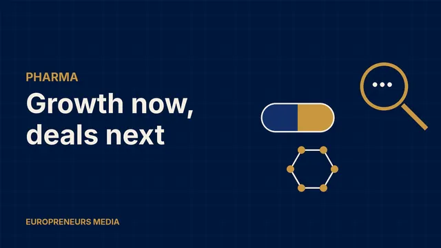 Abstract Europreneurs Media graphic: a navy and gold capsule, a hexagonal molecule and a gold magnifying glass, symbolising drug sales growth and a search for acquisitions