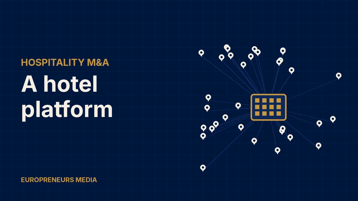 Abstract Europreneurs Media graphic: many map pins linked to one central building, symbolising a hotel group built from many acquired properties