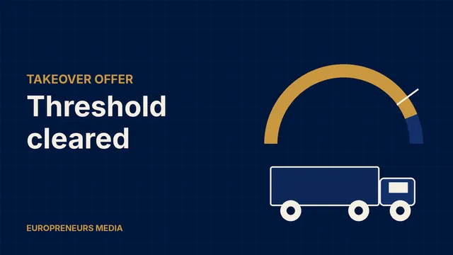 Abstract Europreneurs Media graphic: a stylised truck beneath a gauge filled in gold past a marked threshold, symbolising a takeover offer clearing its acceptance level
