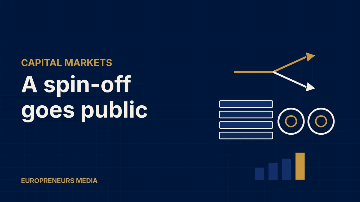 Abstract Europreneurs Media graphic: stacked metal bars and steel coils beside an arrow that splits in two above rising bars, symbolising a materials business spun off and listed