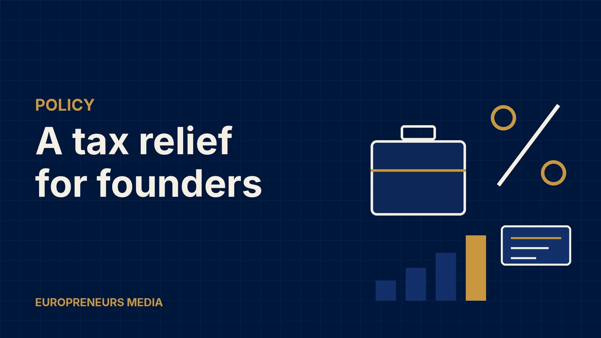 Abstract Europreneurs Media graphic: a briefcase outline, a large percentage sign, rising bars and a share certificate card, symbolising a new tax relief and share options for founders