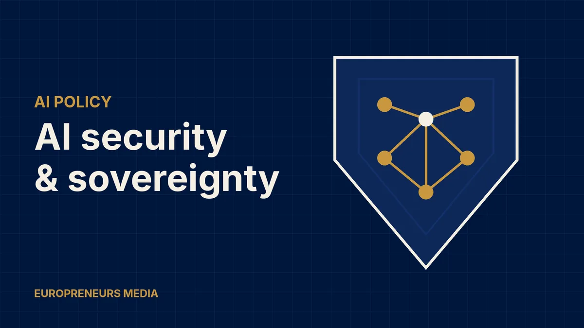Abstract Europreneurs Media graphic: a shield containing a network of connected nodes, symbolising AI security