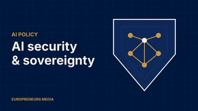 Abstract Europreneurs Media graphic: a shield containing a network of connected nodes, symbolising AI security