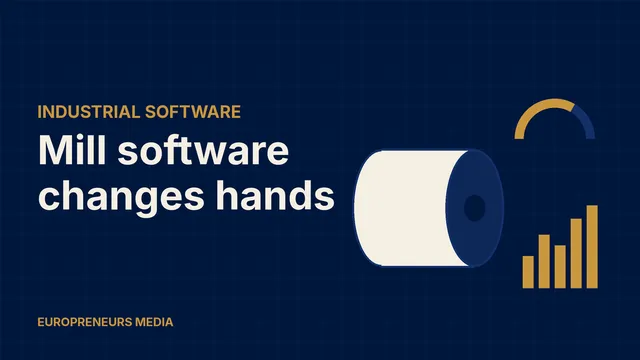Abstract Europreneurs Media graphic: a stylised paper roll beside gold production bars and a dashboard gauge, symbolising manufacturing execution software for pulp and paper mills