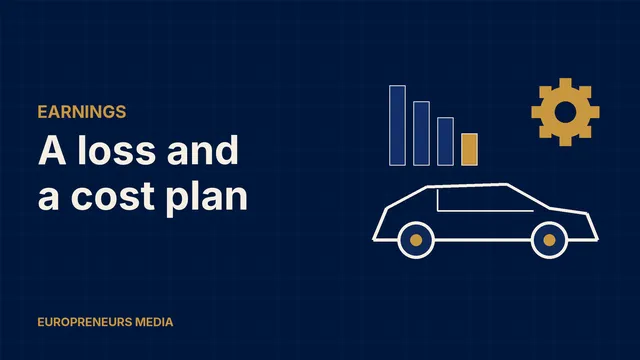 Abstract Europreneurs Media graphic: a stylised car outline beneath falling bars and a gold gear, symbolising lower carmaker profits and a cost programme